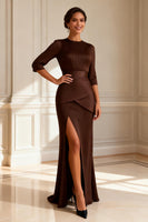 Load image into Gallery viewer, Chocolate Round Neck Sheath Long Mother of the Bride Dress with Slit