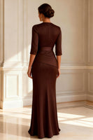 Load image into Gallery viewer, Chocolate Round Neck Sheath Long Mother of the Bride Dress with Slit