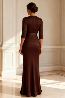 Chocolate Round Neck Sheath Long Mother of the Bride Dress with Slit