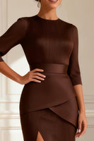 Load image into Gallery viewer, Chocolate Round Neck Sheath Long Mother of the Bride Dress with Slit