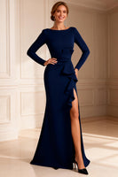 Load image into Gallery viewer, Navy Boat Neck Mermaid Ruffled Long Mother of the Bride Dress with Slit
