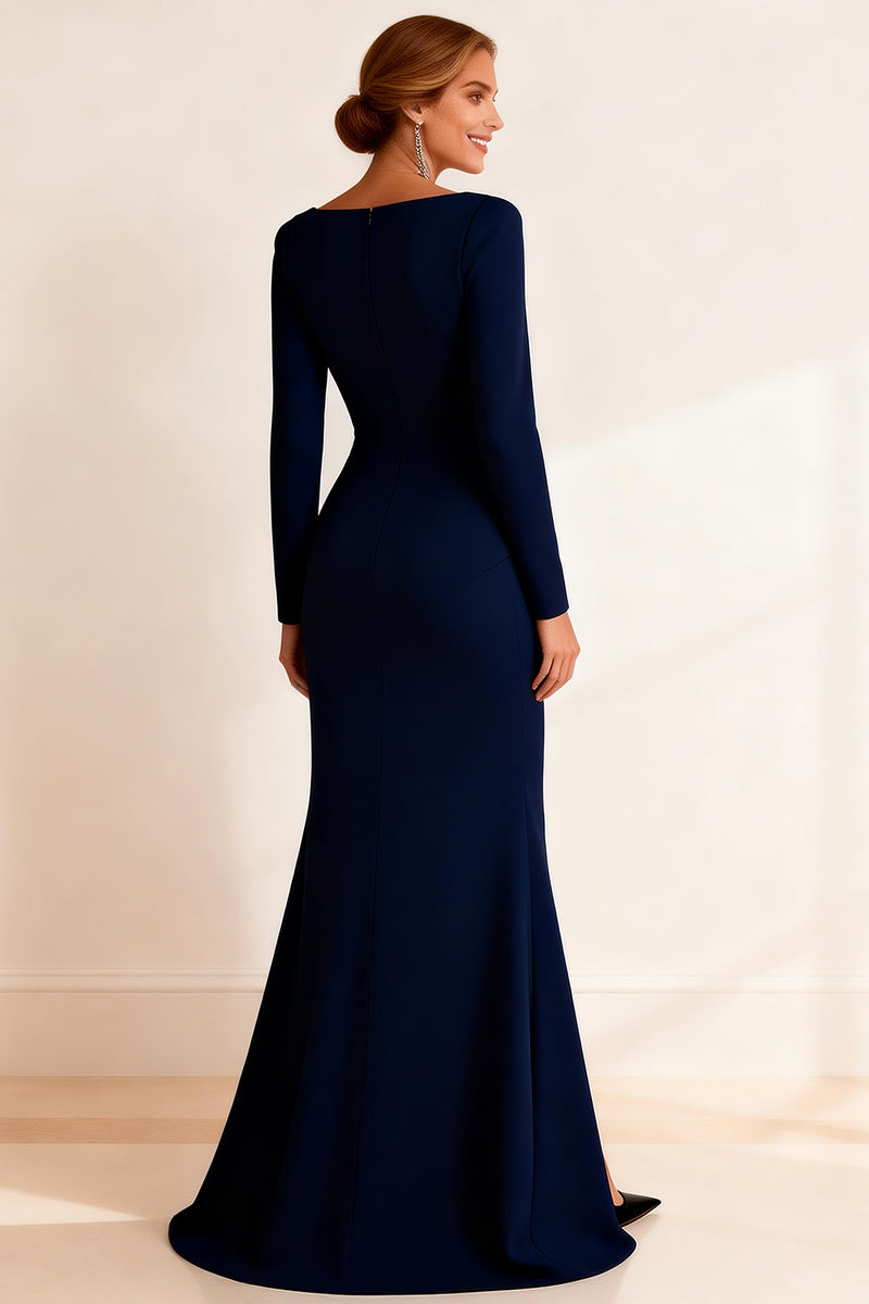 Load image into Gallery viewer, Navy Boat Neck Mermaid Ruffled Long Mother of the Bride Dress with Slit