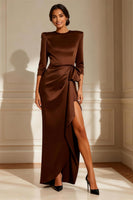 Load image into Gallery viewer, Chocolate Round Neck Satin Long Mother of the Bride Dress with Sash