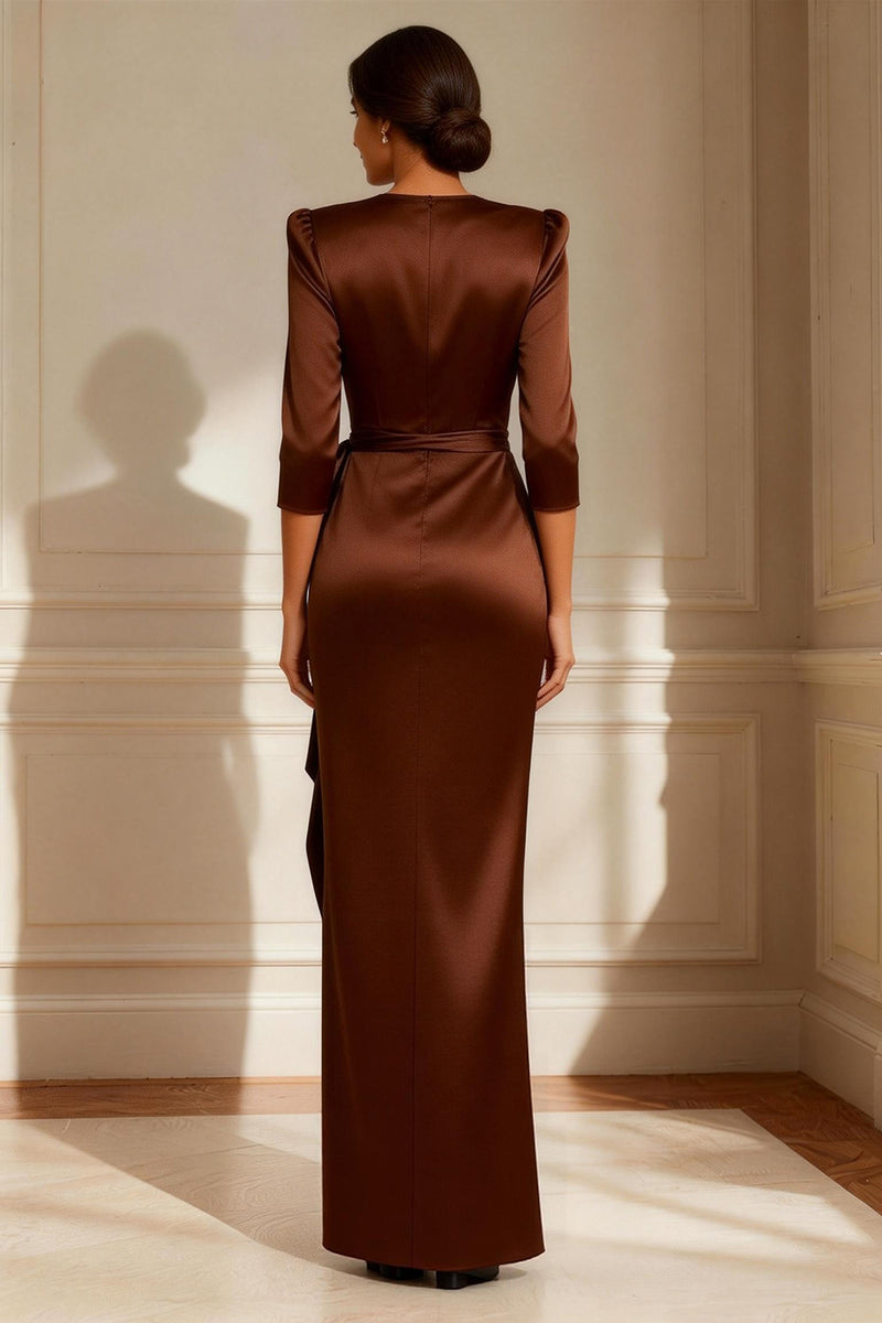 Load image into Gallery viewer, Chocolate Round Neck Satin Long Mother of the Bride Dress with Sash