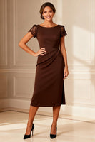 Load image into Gallery viewer, Brown Bodycon Boat Neck Midi Mother of the Bride Dress with Lace