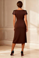 Load image into Gallery viewer, Brown Bodycon Boat Neck Midi Mother of the Bride Dress with Lace