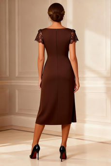 Brown Bodycon Boat Neck Midi Mother of the Bride Dress with Lace