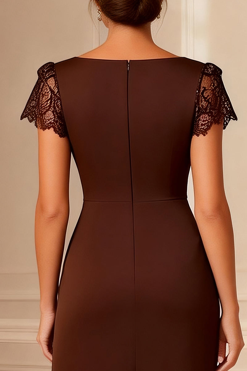 Load image into Gallery viewer, Brown Bodycon Boat Neck Midi Mother of the Bride Dress with Lace
