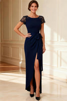 Load image into Gallery viewer, Navy Boat Neck Sheath Long Mother of the Bride Dress with Lace