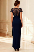 Load image into Gallery viewer, Navy Boat Neck Sheath Long Mother of the Bride Dress with Lace