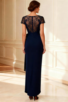 Navy Boat Neck Sheath Long Mother of the Bride Dress with Lace
