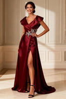 Load image into Gallery viewer, Sparkly Burgundy V-Neck A Line Long Mother of the Bride Dress with Slit