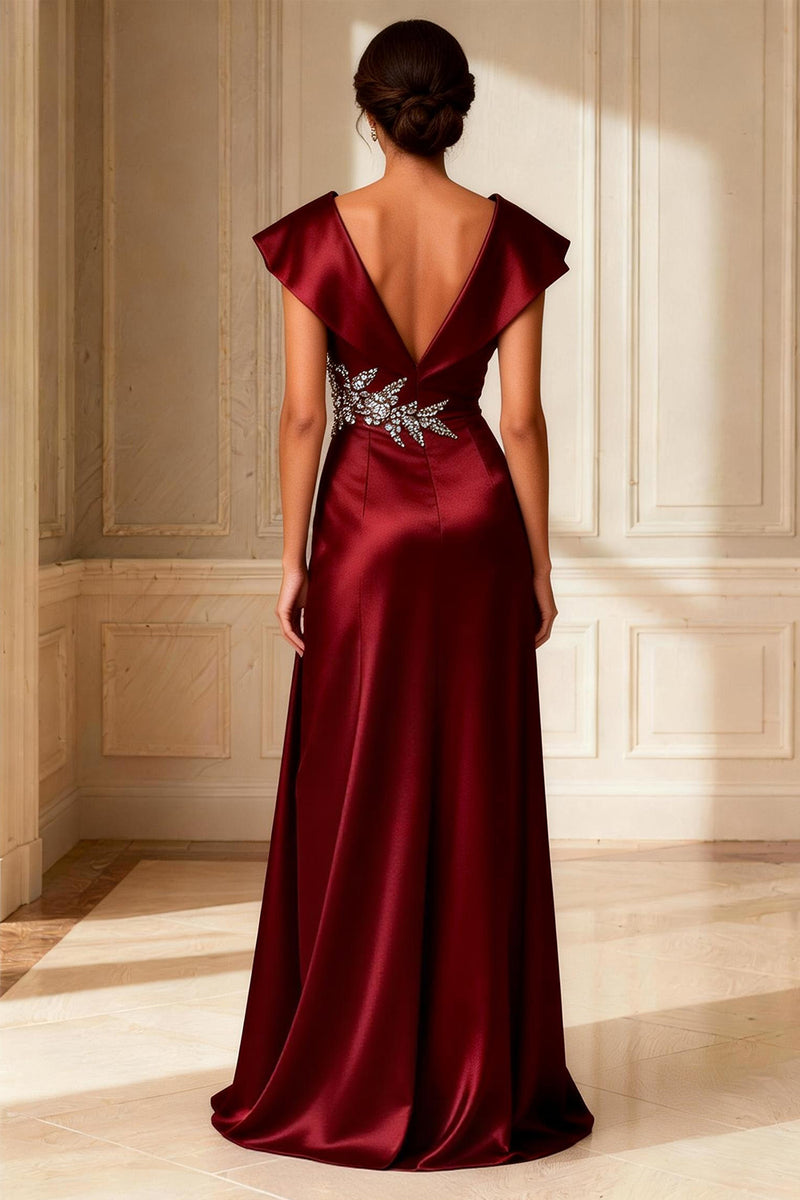 Load image into Gallery viewer, Sparkly Burgundy V-Neck A Line Long Mother of the Bride Dress with Slit