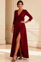 Load image into Gallery viewer, Burgundy V-Neck Ruched Long Mother of the Bride Dress with Slit