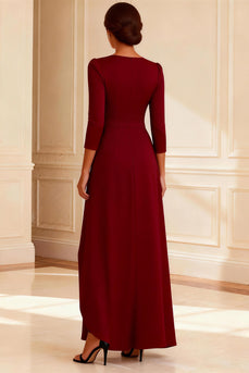 Burgundy V-Neck Ruched Long Mother of the Bride Dress with Slit