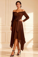 Load image into Gallery viewer, Brown Asymmetrical Off the Shoulder Pleated Mother of the Bride Dress