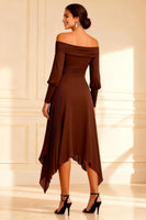 Load image into Gallery viewer, Brown Asymmetrical Off the Shoulder Pleated Mother of the Bride Dress