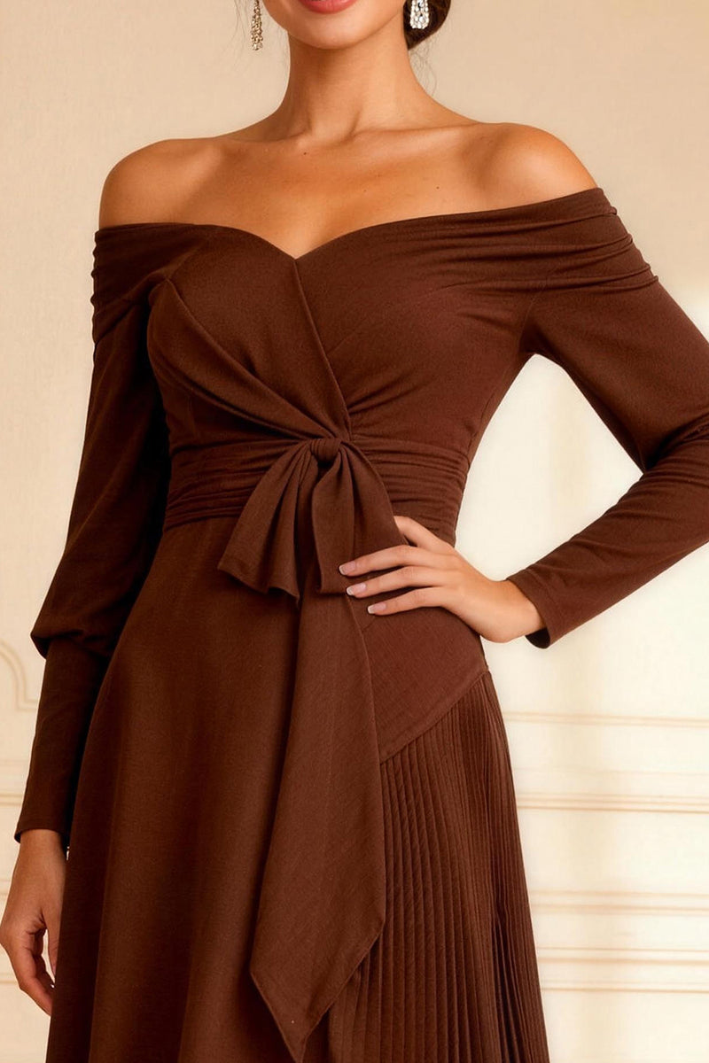 Load image into Gallery viewer, Brown Asymmetrical Off the Shoulder Pleated Mother of the Bride Dress