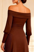 Load image into Gallery viewer, Brown Asymmetrical Off the Shoulder Pleated Mother of the Bride Dress