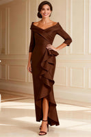 Load image into Gallery viewer, Chocolate Ruffled Off the Shoulder High Low Mother of the Bride Dress with Sleeves