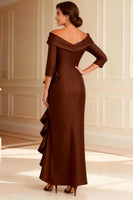 Load image into Gallery viewer, Chocolate Ruffled Off the Shoulder High Low Mother of the Bride Dress with Sleeves