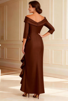 Chocolate Ruffled Off the Shoulder High Low Mother of the Bride Dress with Sleeves