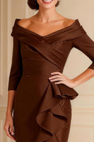 Load image into Gallery viewer, Chocolate Ruffled Off the Shoulder High Low Mother of the Bride Dress with Sleeves