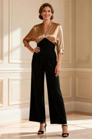 Load image into Gallery viewer, Black and Champagne Satin V-Neck Long Mother of the Bride Jumpsuits