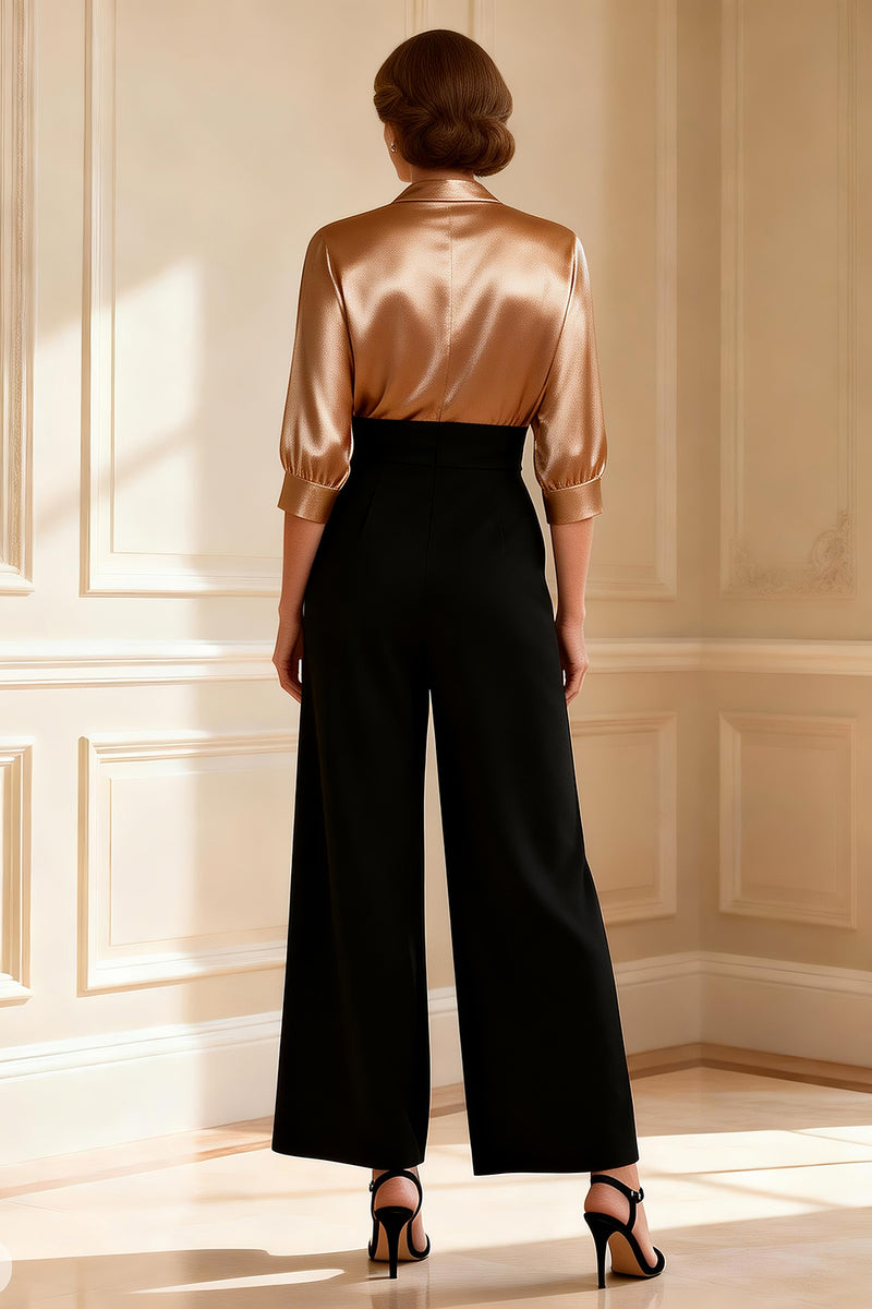 Load image into Gallery viewer, Black and Champagne Satin V-Neck Long Mother of the Bride Jumpsuits
