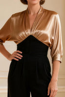 Load image into Gallery viewer, Black and Champagne Satin V-Neck Long Mother of the Bride Jumpsuits