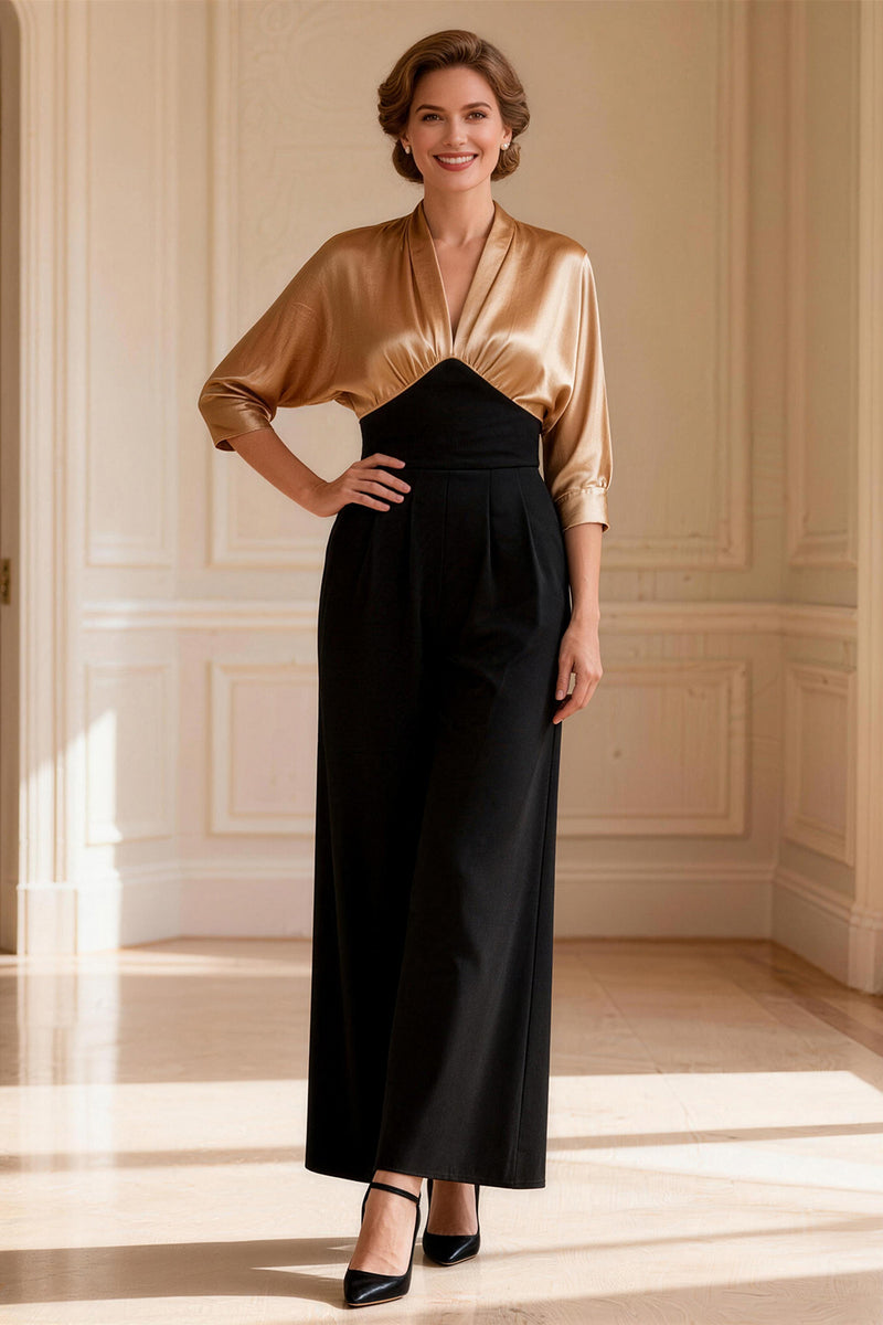 Load image into Gallery viewer, Black and Champagne V-Neck Long Mother of the Bride Dress