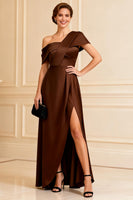 Load image into Gallery viewer, Chocolate One Shoulder A Line Long Mother of the Bride Dress with Slit