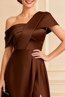 Load image into Gallery viewer, Chocolate One Shoulder A Line Long Mother of the Bride Dress with Slit