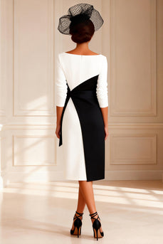 Black and White Boat Neck Bodycon Midi Mother of the Bride Dress with Sleeves