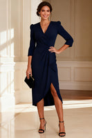 Load image into Gallery viewer, Navy V Neck Bodycon Midi Mother of the Bride Dress with Sleeves