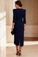 Load image into Gallery viewer, Navy V Neck Bodycon Midi Mother of the Bride Dress with Sleeves