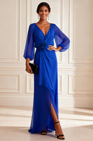 Load image into Gallery viewer, Royal Blue Chiffon V Neck Asymmetrical Floral Mother of the Bride Dress
