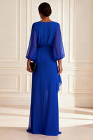 Load image into Gallery viewer, Royal Blue Chiffon V Neck Asymmetrical Floral Mother of the Bride Dress