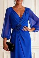 Load image into Gallery viewer, Royal Blue Chiffon V Neck Asymmetrical Floral Mother of the Bride Dress