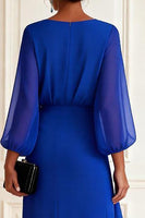 Load image into Gallery viewer, Royal Blue Chiffon V Neck Asymmetrical Floral Mother of the Bride Dress