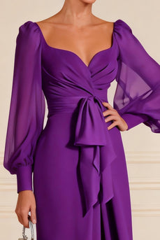 Purple Long Sleeves Floor Length Mother of the Bride Dress with Slit