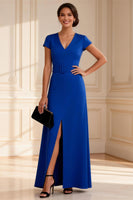 Load image into Gallery viewer, Royal Blue V Neck Sheath Long Mother of the Bride Dress with Slit