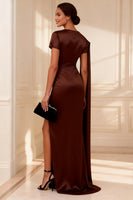 Load image into Gallery viewer, Chocolate Ruched Mermaid Long Mother of the Bride Dress with Side Cape
