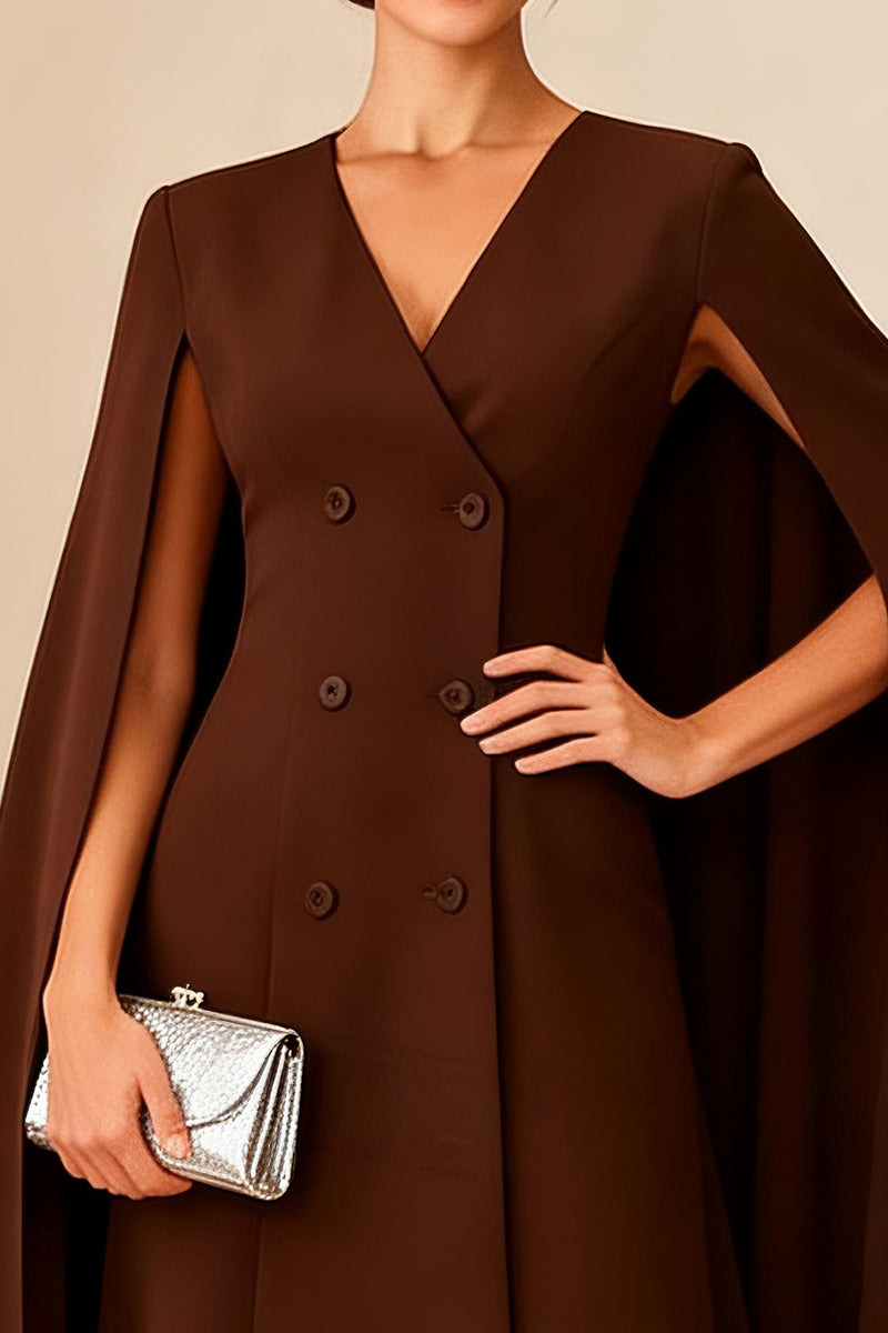 Load image into Gallery viewer, Chocolate V Neck Double Breasted Ankle Length Mother of the Bride Dress with Cape