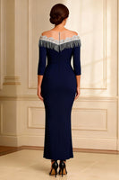 Load image into Gallery viewer, Sparkly Navy Illusion Round Neck Sheath Long Mother of the Bride Dress with Slit