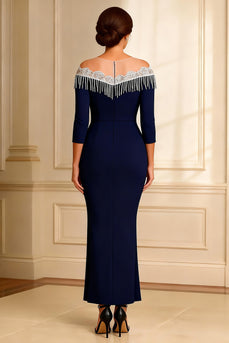 Sparkly Navy Illusion Round Neck Sheath Long Mother of the Bride Dress with Slit