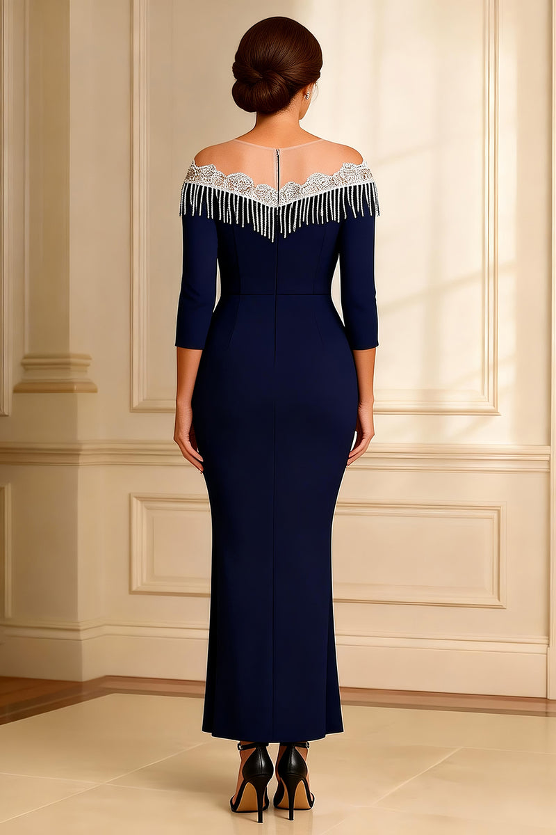 Load image into Gallery viewer, Sparkly Navy Illusion Round Neck Sheath Long Mother of the Bride Dress with Slit