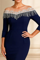 Load image into Gallery viewer, Sparkly Navy Illusion Round Neck Sheath Long Mother of the Bride Dress with Slit