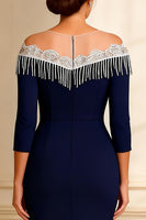 Load image into Gallery viewer, Sparkly Navy Illusion Round Neck Sheath Long Mother of the Bride Dress with Slit