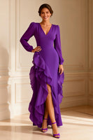 Load image into Gallery viewer, Purple Ruffled V Neck Asymmetrical Mother of the Bride Dress with Slit